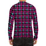 Blue Pink And Black Houndstooth Print Men's Long Sleeve Rash Guard
