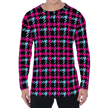 Blue Pink And Black Houndstooth Print Men's Long Sleeve T-Shirt