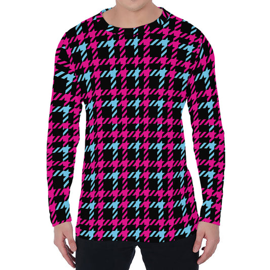 Blue Pink And Black Houndstooth Print Men's Long Sleeve T-Shirt