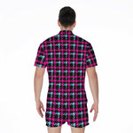 Blue Pink And Black Houndstooth Print Men's Rompers