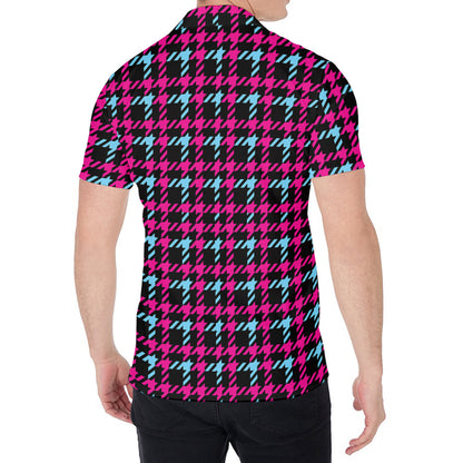 Blue Pink And Black Houndstooth Print Men's Shirt
