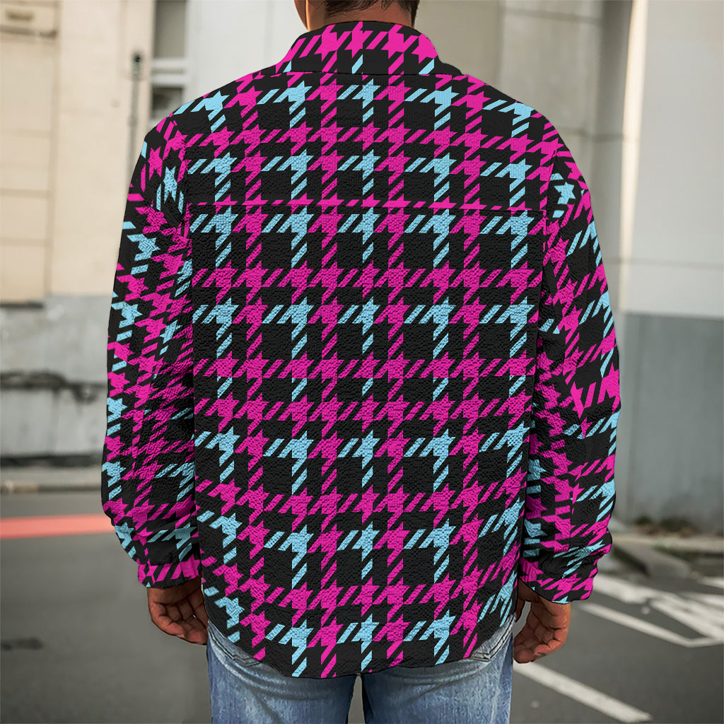 Blue Pink And Black Houndstooth Print Men's Shirt Jacket