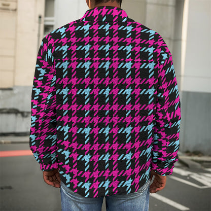 Blue Pink And Black Houndstooth Print Men's Shirt Jacket