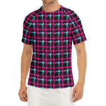 Blue Pink And Black Houndstooth Print Men's Short Sleeve Rash Guard