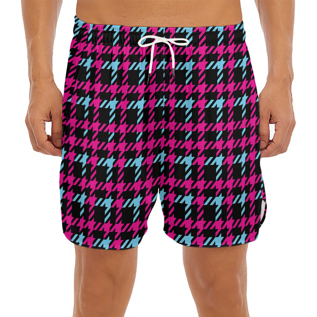 Blue Pink And Black Houndstooth Print Men's Split Running Shorts
