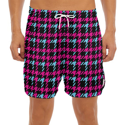 Blue Pink And Black Houndstooth Print Men's Split Running Shorts