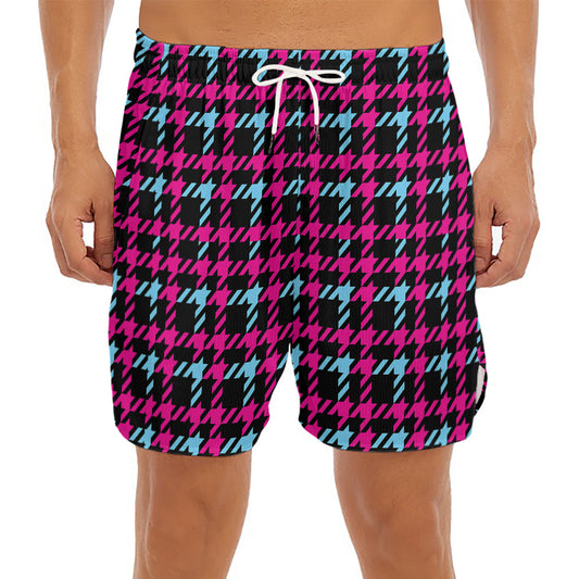 Blue Pink And Black Houndstooth Print Men's Split Running Shorts