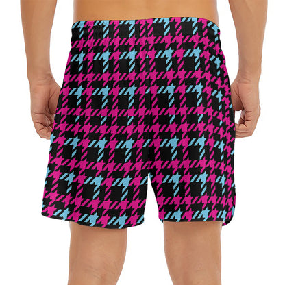 Blue Pink And Black Houndstooth Print Men's Split Running Shorts