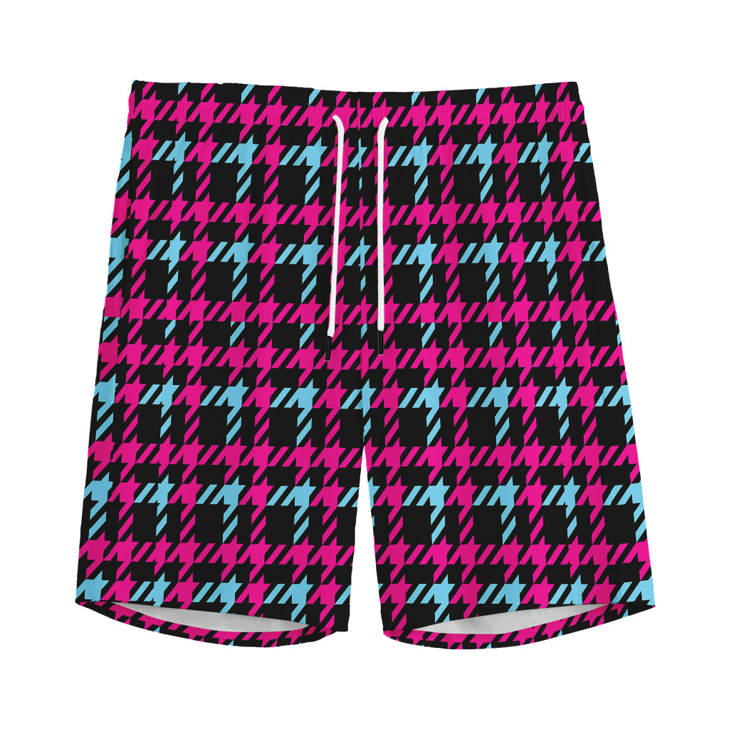Blue Pink And Black Houndstooth Print Men's Sports Shorts