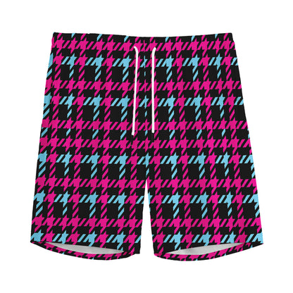 Blue Pink And Black Houndstooth Print Men's Sports Shorts