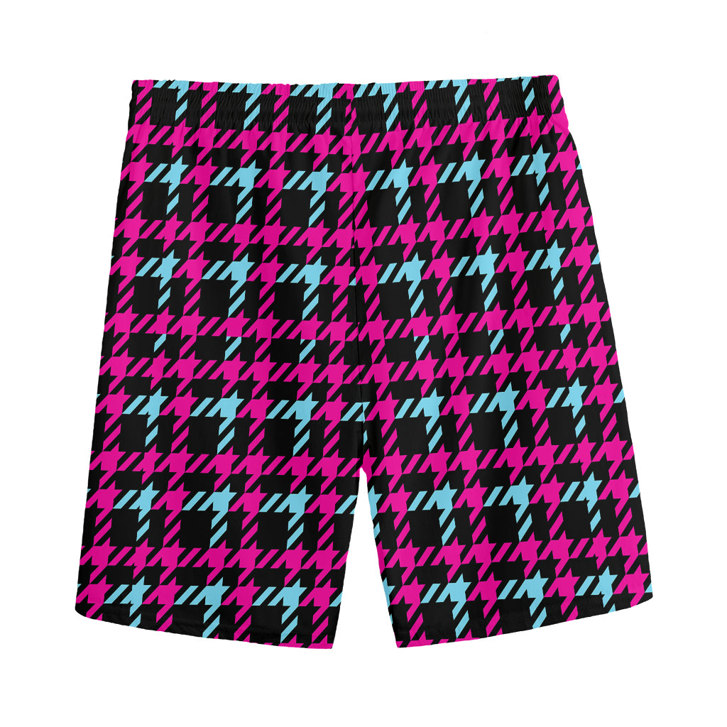 Blue Pink And Black Houndstooth Print Men's Sports Shorts