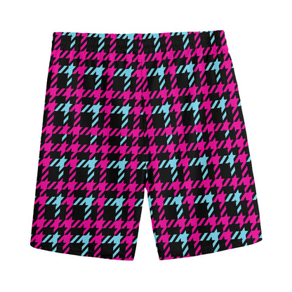 Blue Pink And Black Houndstooth Print Men's Sports Shorts