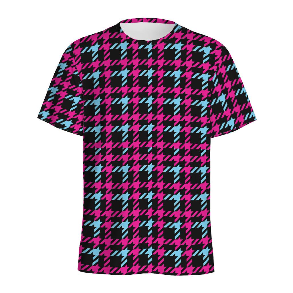 Blue Pink And Black Houndstooth Print Men's Sports T-Shirt