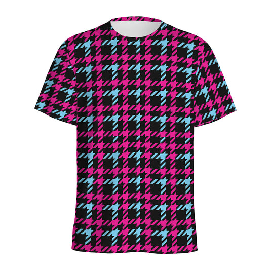 Blue Pink And Black Houndstooth Print Men's Sports T-Shirt