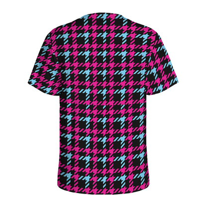 Blue Pink And Black Houndstooth Print Men's Sports T-Shirt