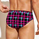 Blue Pink And Black Houndstooth Print Men's Swim Briefs