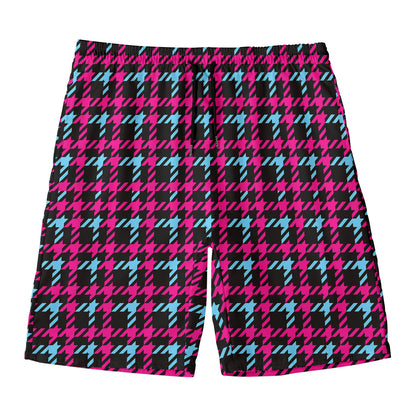 Blue Pink And Black Houndstooth Print Men's Swim Trunks