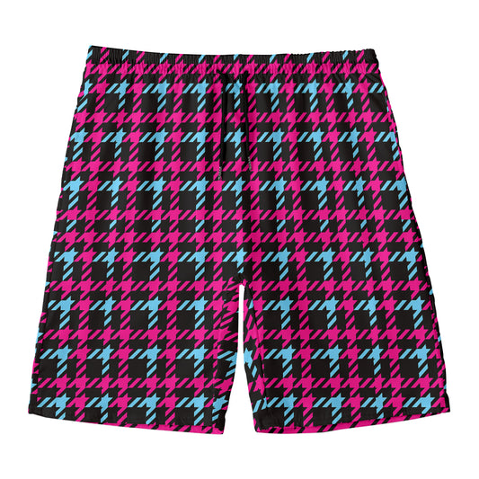 Blue Pink And Black Houndstooth Print Men's Swim Trunks