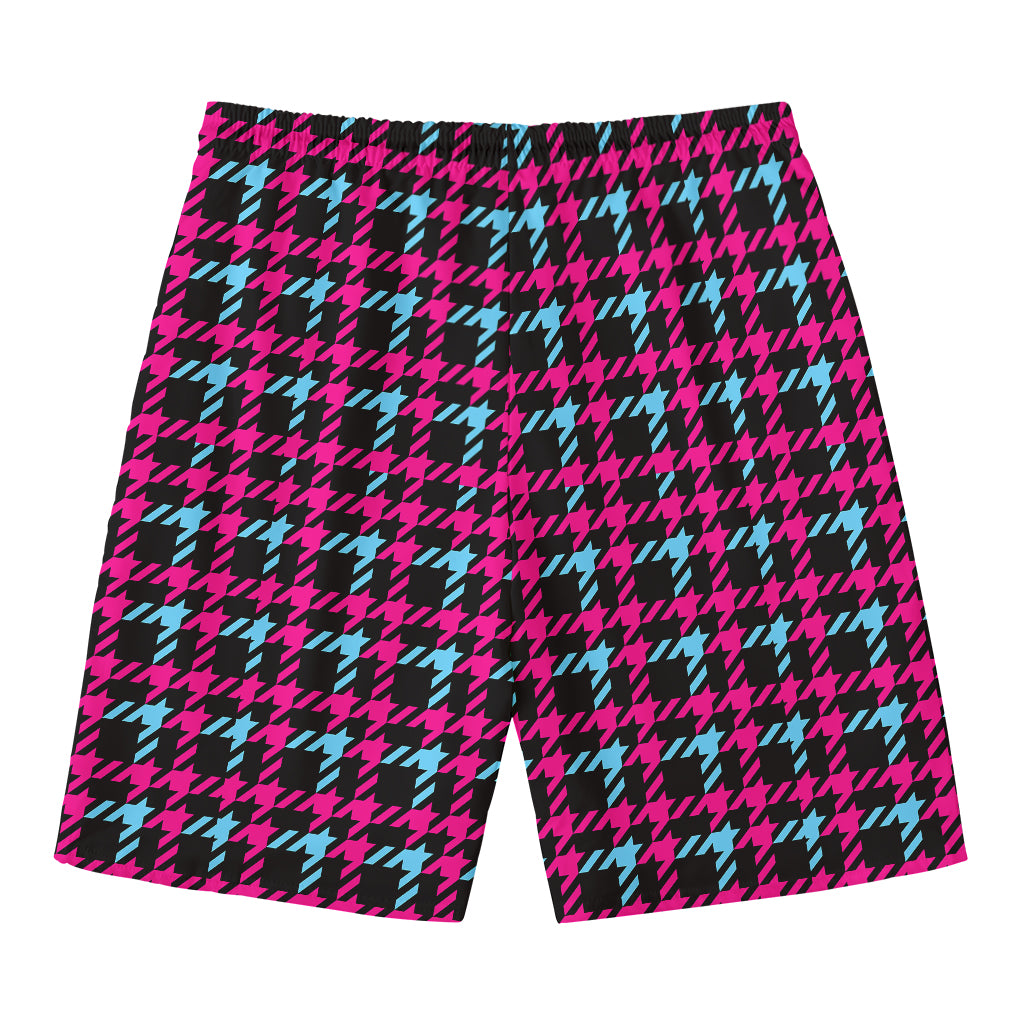 Blue Pink And Black Houndstooth Print Men's Swim Trunks