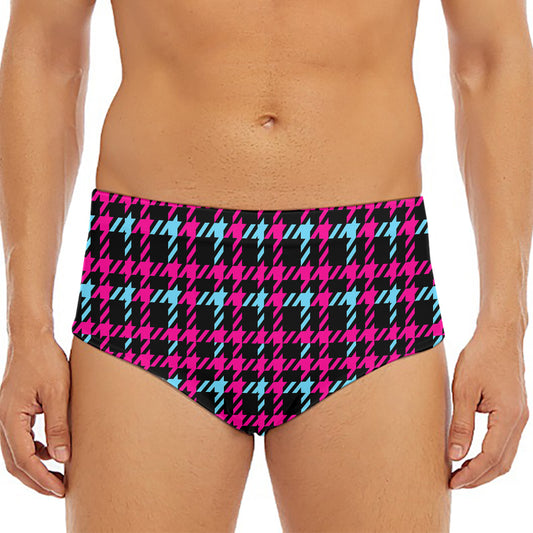Blue Pink And Black Houndstooth Print Men's Triangle Swim Briefs