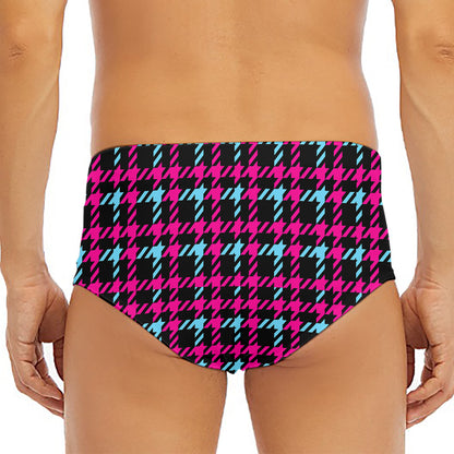 Blue Pink And Black Houndstooth Print Men's Triangle Swim Briefs