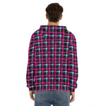 Blue Pink And Black Houndstooth Print Men's Velvet Pullover Hoodie