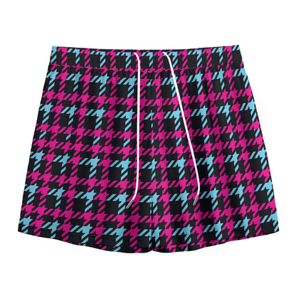 Blue Pink And Black Houndstooth Print Mesh Shorts
