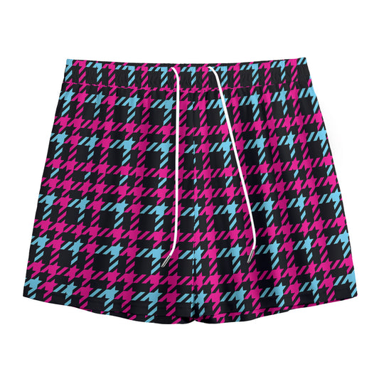 Blue Pink And Black Houndstooth Print Mesh Shorts