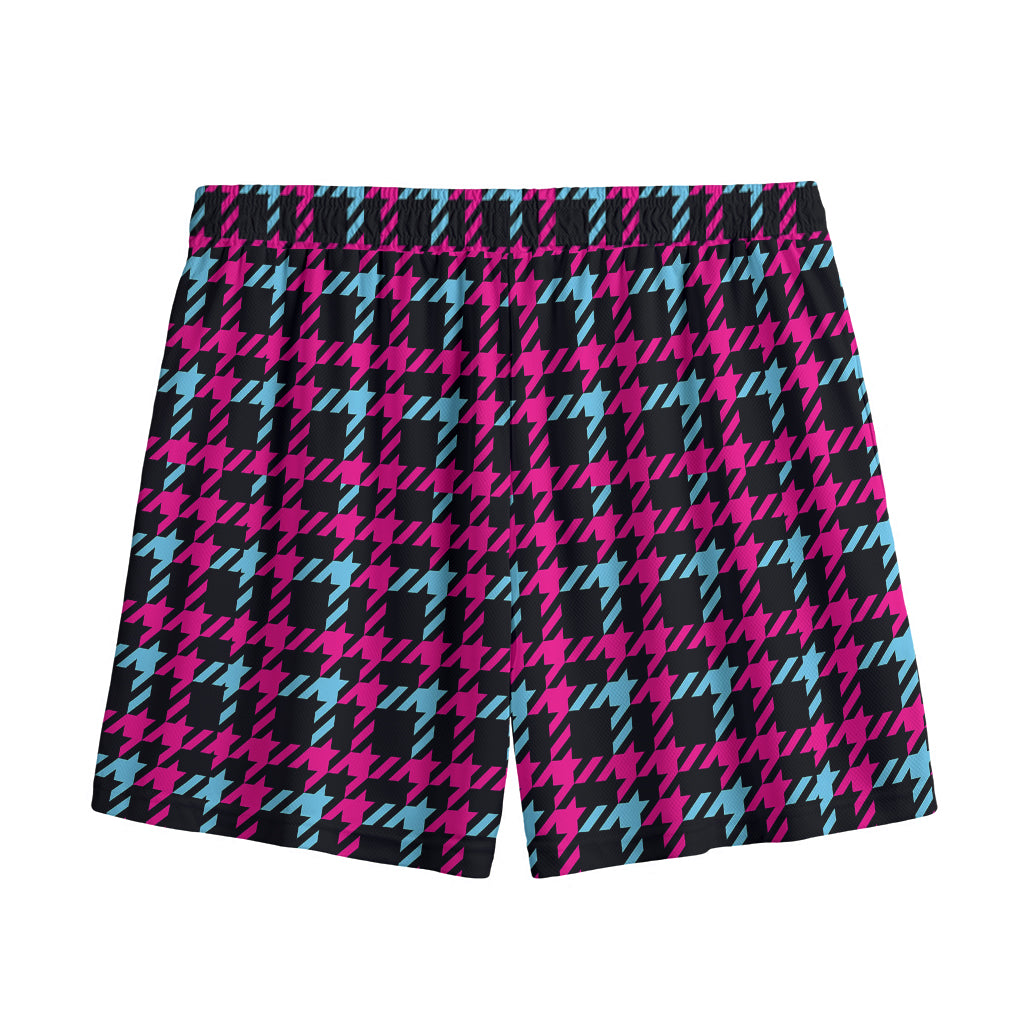 Blue Pink And Black Houndstooth Print Mesh Shorts