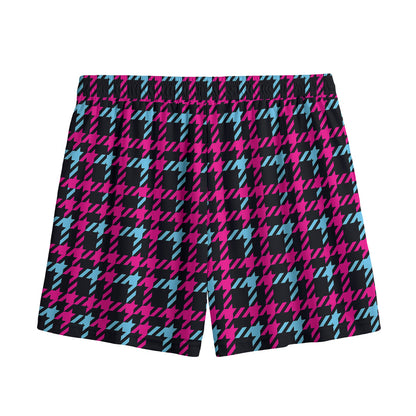 Blue Pink And Black Houndstooth Print Mesh Shorts