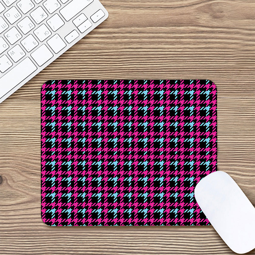 Blue Pink And Black Houndstooth Print Mouse Pad
