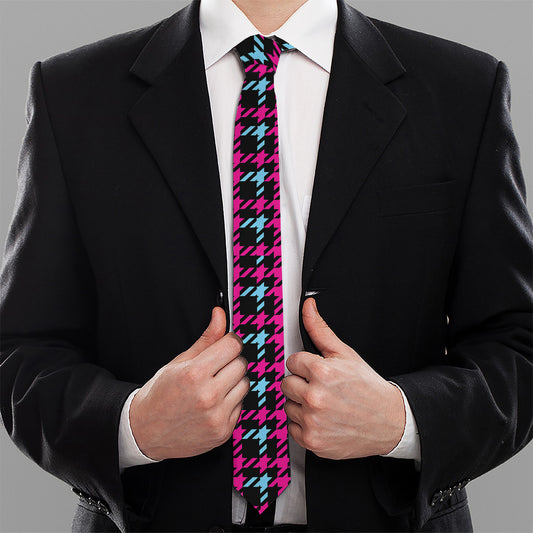 Blue Pink And Black Houndstooth Print Necktie