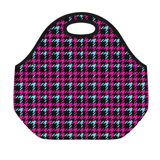 Blue Pink And Black Houndstooth Print Neoprene Lunch Bag