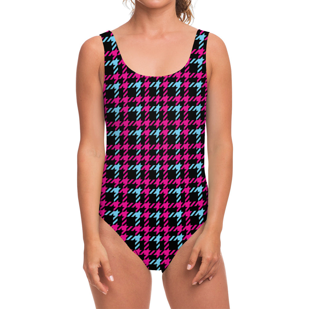 Blue Pink And Black Houndstooth Print One Piece Swimsuit