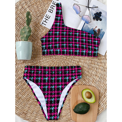 Blue Pink And Black Houndstooth Print One Shoulder Bikini Top