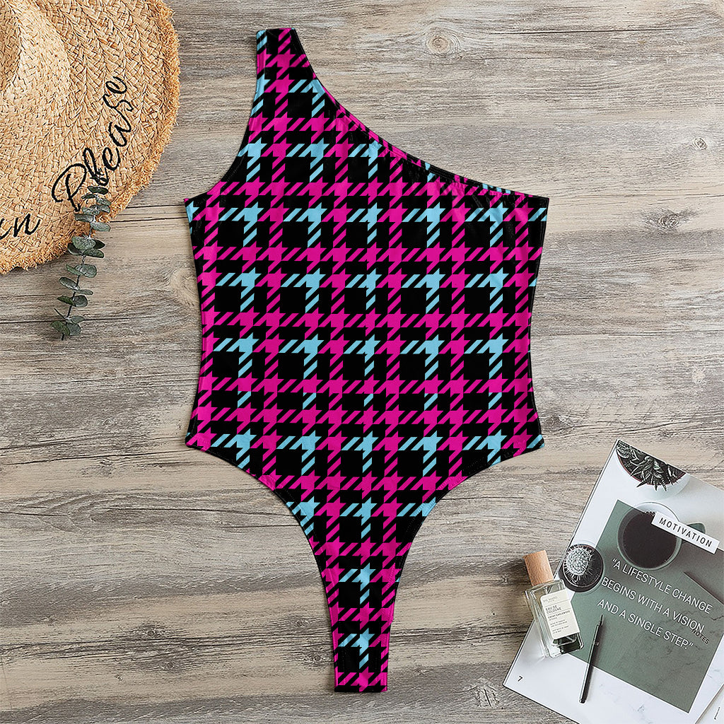 Blue Pink And Black Houndstooth Print One Shoulder Bodysuit