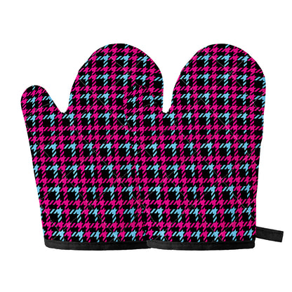 Blue Pink And Black Houndstooth Print Oven Mitts