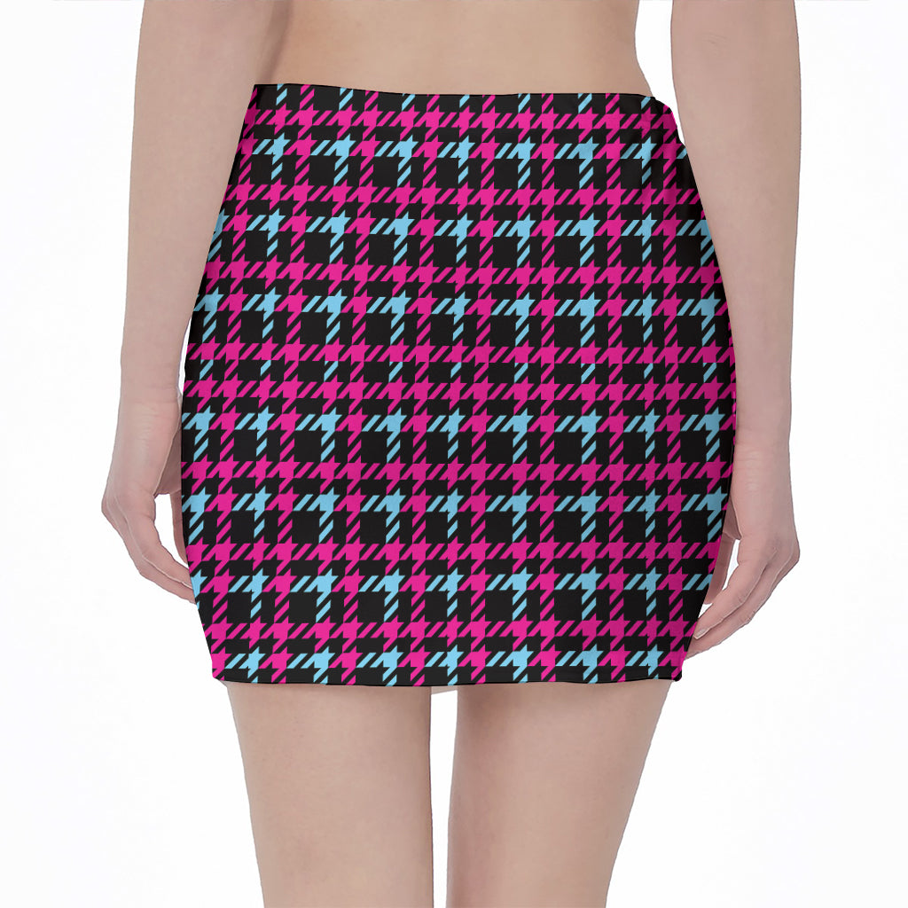 Blue Pink And Black Houndstooth Print Pencil Mini Skirt