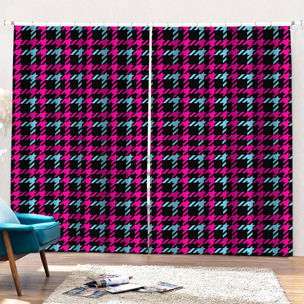 Blue Pink And Black Houndstooth Print Pencil Pleat Curtains