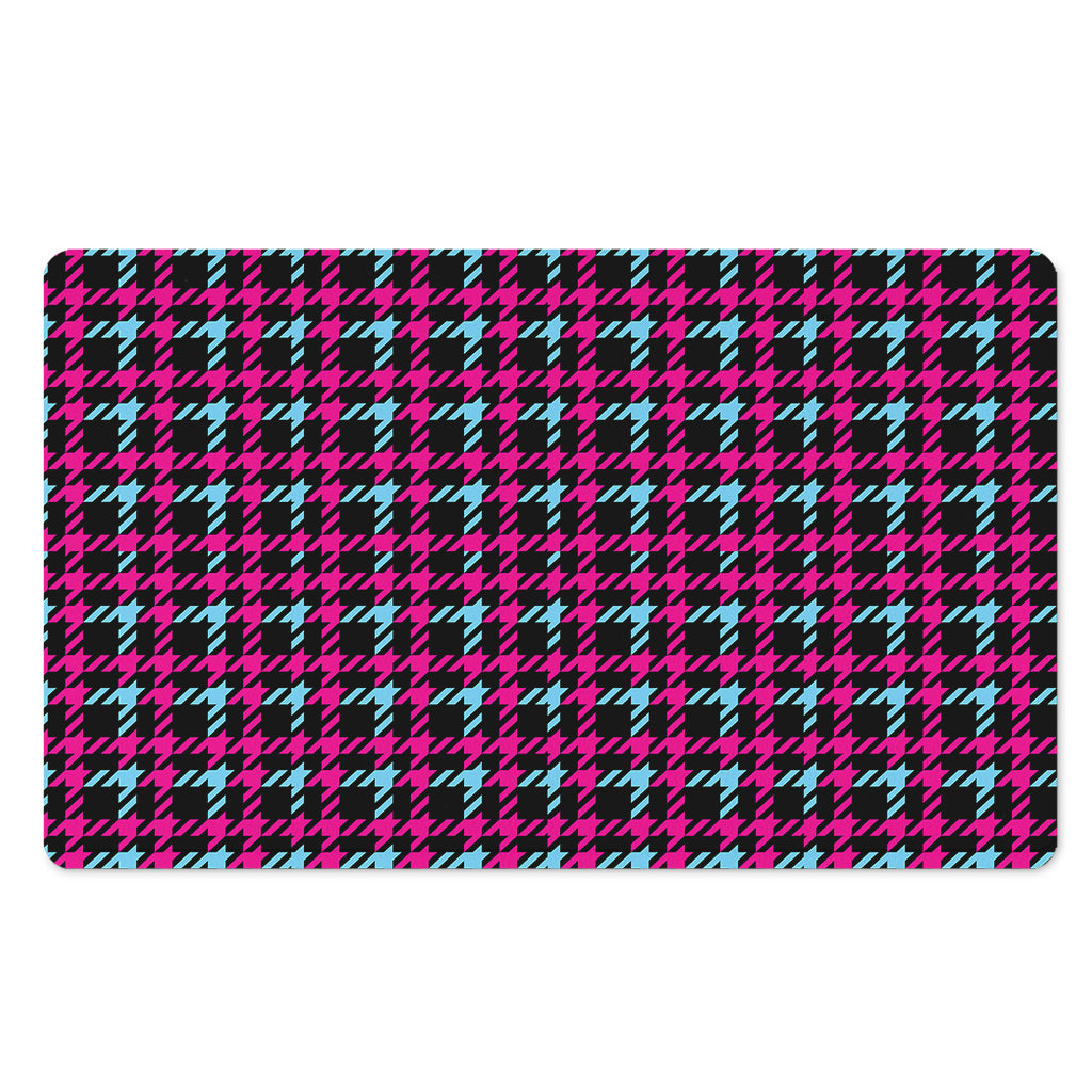 Blue Pink And Black Houndstooth Print Polyester Doormat