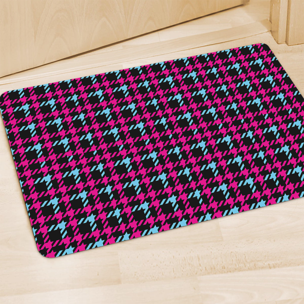 Blue Pink And Black Houndstooth Print Polyester Doormat