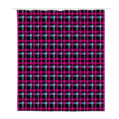 Blue Pink And Black Houndstooth Print Polyester Shower Curtain