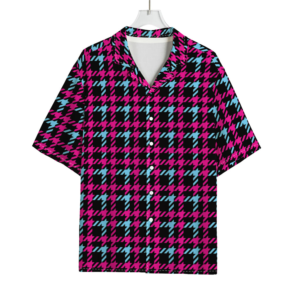 Blue Pink And Black Houndstooth Print Rayon Hawaiian Shirt