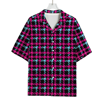 Blue Pink And Black Houndstooth Print Rayon Hawaiian Shirt