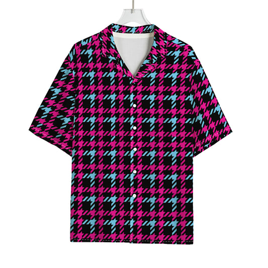 Blue Pink And Black Houndstooth Print Rayon Hawaiian Shirt