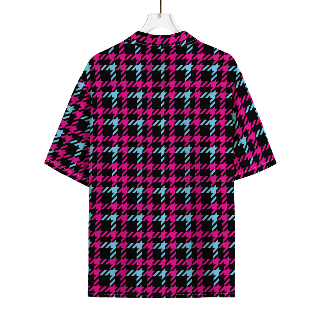 Blue Pink And Black Houndstooth Print Rayon Hawaiian Shirt