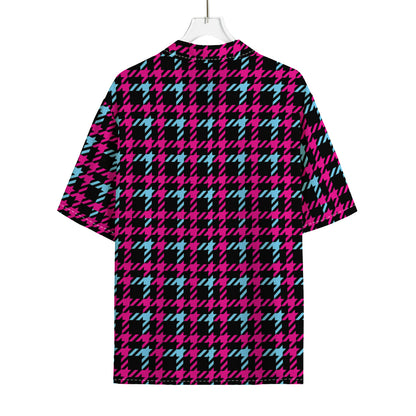 Blue Pink And Black Houndstooth Print Rayon Hawaiian Shirt