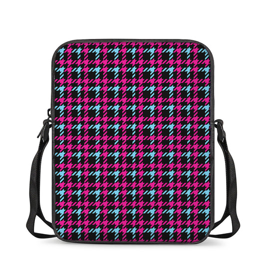 Blue Pink And Black Houndstooth Print Rectangular Crossbody Bag