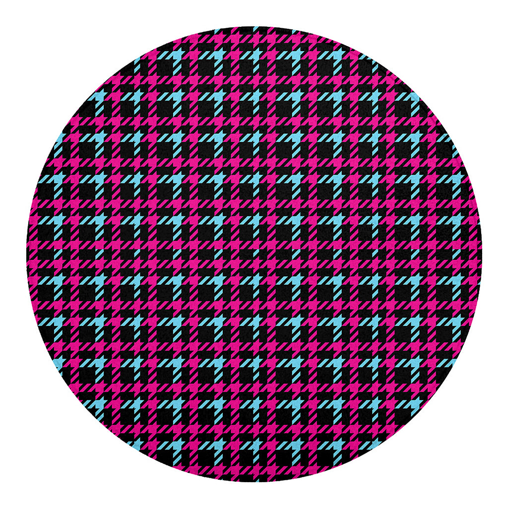 Blue Pink And Black Houndstooth Print Round Blanket