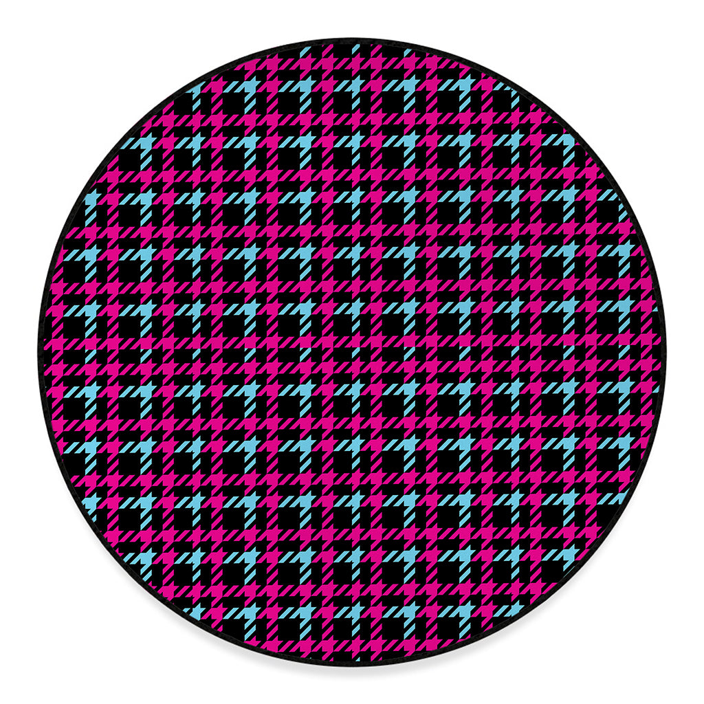 Blue Pink And Black Houndstooth Print Round Floor Mat